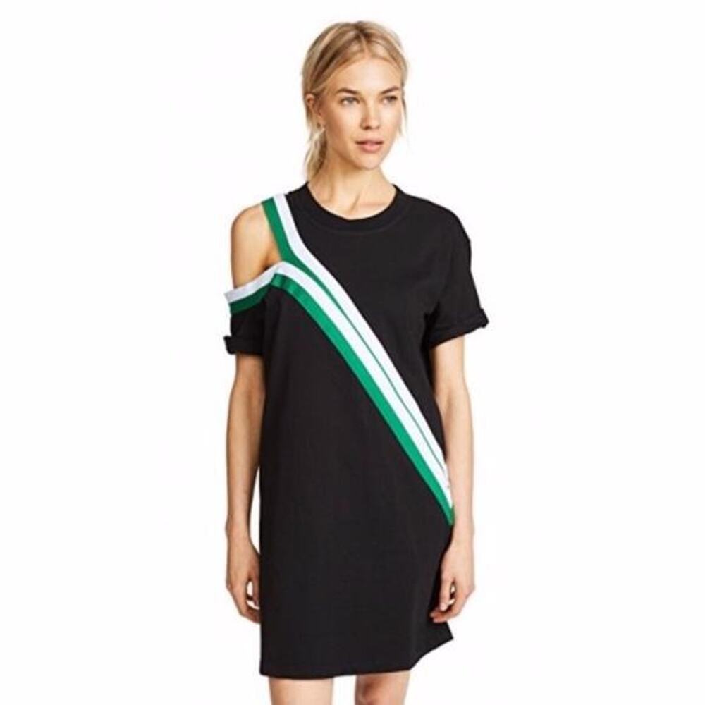 Current/Elliott The Tee Dress Black Green Stripe Cutout Shoulder Mini Dress Sz 2